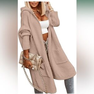 Oversized Hooded Cardigan Sweater - Long Cable Knit Open Front Coat Apricot Sz M